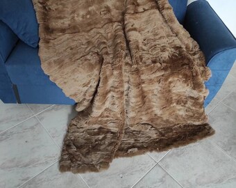 Real  Brown Rex Rabbit Fur Blanket Throw • Personalized Housewarming Gift Sofa Cover n Bedspread •  Handmade Genuine Fur