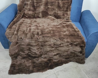 Real Brown Rex Rabbit Fur Blanket Throw • Personalized Housewarming Gift Sofa Cover n Bedspread •  Handmade Genuine Fur