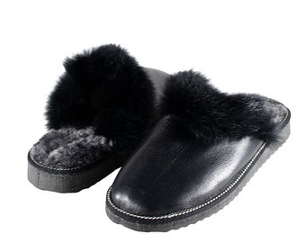 Fur Sheepskin Leather Slippers Black for Women • Cozy Warm House Wool Slippers  •  Handmade genuine leather slippers