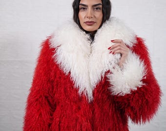 Mongolian sheepskin wool jacket red white collar cuffs fluffy christmas hip coat