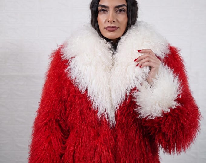 Featured listing image: Mongolian sheepskin wool jacket red white collar cuffs fluffy christmas hip coat