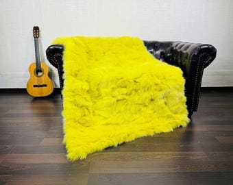 Gorgeous DOUBLE SIDED Real Fox Fur Throw Blanket Yellow • Large Area Rug  • Genuine Fur Rug  • Ethically Farmed Fox Fur  •Scandinavian Decor