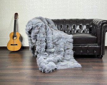 Real DOUBLE SIDED Grey Fur Blanket • Personalized Fox Fur Blanket Throw • Handmade Genuine Fur Blanket • Fur Bedspread n Sofa Cover