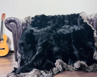 UNIQUE Real FOX FUR Throw Blanket Black Silver • Large Area Rug  • Genuine Fur Rug  • Ethically and Organic Farmed Fox • Scandinavian Decor