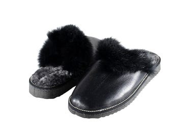 Fur Sheepskin Leather Slippers Black for Women • Cozy Warm House Wool Slippers  •  Handmade genuine leather slippers