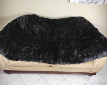 GORGEOUS DOUBLE Sided Real Black Rex RABBIT Fur Throw • Large fur Area Rug • Fur Rug • Ethically and Organic Farmed Rabbit Fur