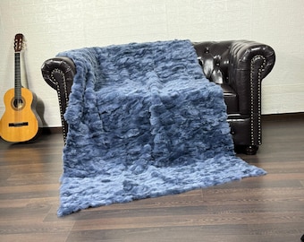 Real Rabbit Fur Blanket Throw Blue • Personalized Handmade Fur Sofa Cover n Bedspread • Vintage Rabbit fur Throw Blanket