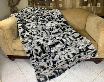 Real Rabbit Fur Blanket Throw Chinchilla Color Rex •  Personalized Handmade Fur Sofa Cover n Bedspread • Vintage Rabbit fur Throw Blanket