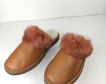 Fur Sheepskin Leather Slippers Brown for Women • Cozy Warm House Wool Slippers  •  Handmade genuine leather slippers