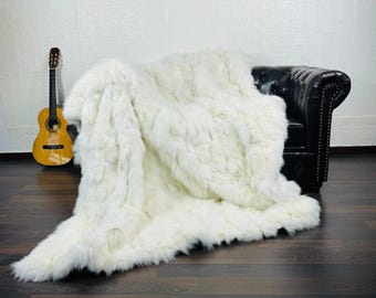 EXCLUSIVE DOUBLE SIDED Real Fox Fur Throw Blanket White • Large Area Rug  • Genuine Fur Rug  • Ethically and Organic Farmed Fox Fur