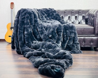 Luxurious rabbit fur throw blanket dark gray color luxurious bedspread rabbit fur rug for living room and bed decor