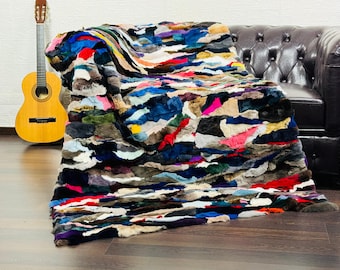 Luxurious DOUBLE SIDED Real Rex RABBIT Fur Blanket Throw Colorful - Personalized Handcrafted Warm for Home - Organically Farmed Rabbit Fur