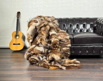 Elegant DOUBLE SIDED Crystal Natural Fox Fur Throw Blanket - Soft Fox Fur Blanket - Cozy Winter Home Decor