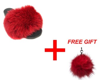 Fur slides, fur slides for women, fox fur slides, Fur keychain FREE Gift