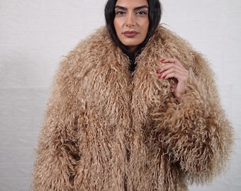Mongolian sheepskin wool jacket light brown fluffy women hip length winter coat