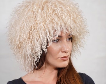 Mongolian sheepskin wool hat cream beige fluffy winter women adjustable velvet lined