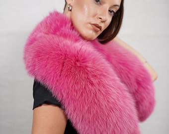 Handmade soft fuchsia fox fur collar scarf, elegant fluffy fur shawl, luxury warm fur stole