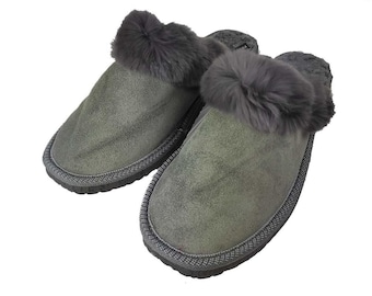 Fur Sheepskin Leather Slippers Gray for Women • Cozy Warm House Wool Slippers  •  Handmade genuine leather slippers