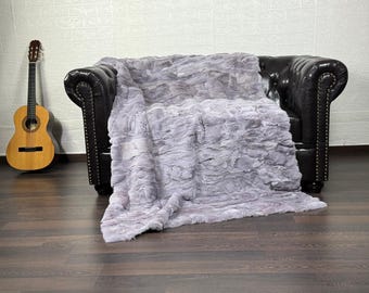 Real Rabbit Fur Blanket Throw Purple • Personalized Handmade Fur Sofa Cover n Bedspread • Vintage Rabbit fur Throw Blanket