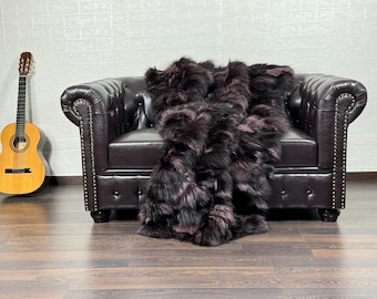 Fox fur real throw blanket with black and purple pattern - elegant bedspread & fox fur rug for living room and bedroom decor