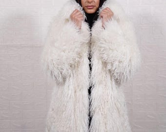 Mongolian sheepskin wool coat white long knee length fluffy bridal winter overcoat