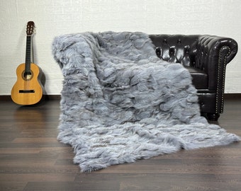 Real Grey Fur Blanket • Personalized Fox Fur Blanket Throw • Handmade Genuine Fur Blanket • Fur Bedspread n Sofa Cover
