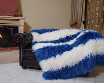 Mongolian sheepskin throw blanket blue white stripes fluffy wool luxury sofa accent