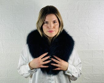 Gorgeous fox fur collar scarf dark blue, handmade warm fur stole, elegant soft fur shawl