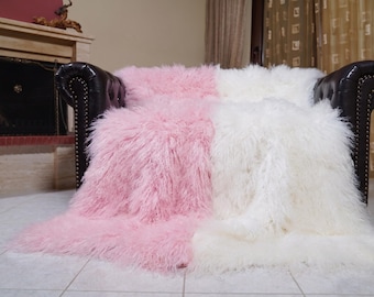 Mongolian sheepskin throw blanket pink white two tone fluffy wool luxury sofa accent