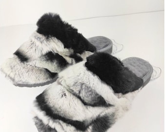 Fur Sheepskin Rabbit Slippers for Women • Cozy Warm House Wool Slippers  •  Handmade genuine rabbit slippers