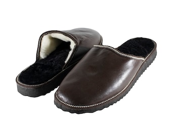 Fur Sheepskin Leather Slippers Brown for Men • Cozy Warm House Wool Slippers  •  Handmade genuine leather slippers
