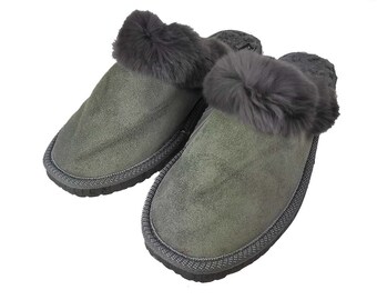 Fur Sheepskin Leather Slippers Gray for Women • Cozy Warm House Wool Slippers  •  Handmade genuine leather slippers