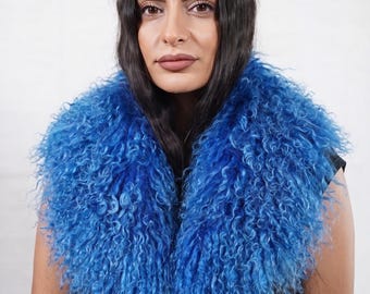 Mongolian sheepskin fur collar blue fluffy wool luxury winter accessory women