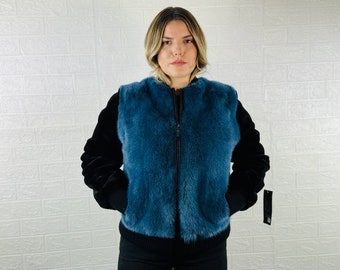 BEAUTIFUL Real Black Blue Pelt Mink Fur Jacket for Women Bomber style • Personalized Mink Fur Coat • Winter Vintage Fur Jacket