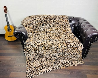 Luxurious Real Rabbit Fur Blanket Throw Leopard Print  Color- Personalized Handcrafted Warmth for Your Home Decor