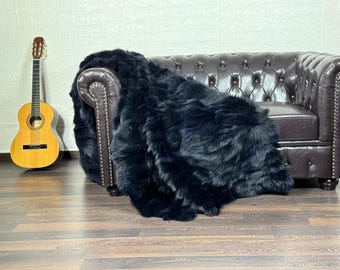 Fox fur real throw blanket blue black luxurious bedspread fox fur rug for living room and bed decor