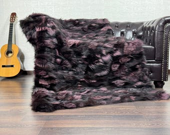 Gorgeous DOUBLE SIDED Real Fox Fur Rug - Personalized Handcrafted Black Purple Fox Fur Throw for Home Decor - Organically Farmed Fox Fur