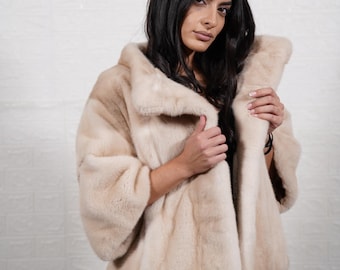 Mink fur jacket pastel natural with collar - luxury solid pattern mink winter jacket