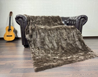 Real Rabbit Fur Blanket Throw Brown • Personalized Handmade Fur Sofa Cover n Bedspread • Vintage Rabbit fur Throw Blanket