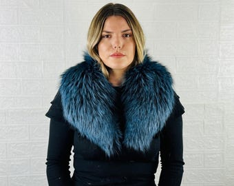 Real Fox Pelt Fur Collar •  Genuine Fur Collar Blue Black • Real Fur Scarf • Fur Wrap • Fur Shawl