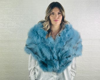 Blue fox fur stole large, handmade warm fur collar scarf, elegant soft fur shawl for your special day