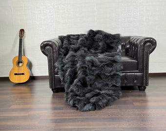 Real DOUBLE SIDED Fur Blanket Dark Grey Blue • Personalized Fox Fur Blanket Throw• Handmade Genuine Fur Blanket • Fur Bedspread n Sofa Cover