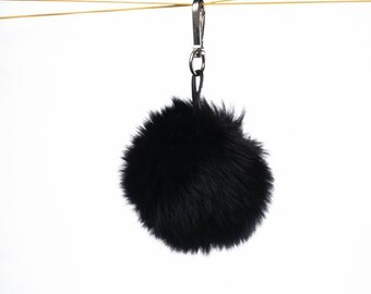 Black  Real Fox Fur Pom Pom Keychain - Handmade Fur Ball Keyrings For Car or House Keys & Bags | Women Accessories For Birthdays Gift