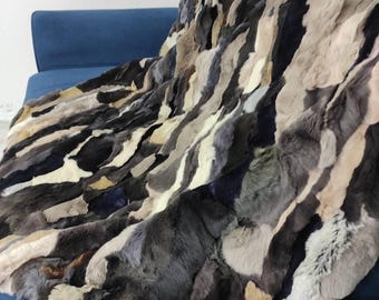 Real  Rex Rabbit Fur Blanket Throw • Personalized Housewarming Gift Sofa Cover n Bedspread •  Handmade Genuine Fur