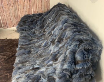 Real Blue Fur Blanket • Personalized Fox Fur Blanket Throw • Handmade Genuine Fur Blanket • Fur Bedspread n Sofa Cover