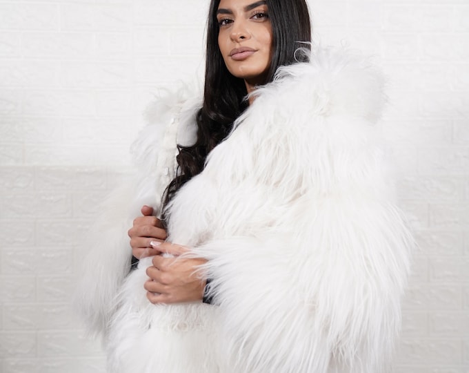 Featured listing image: Alpaca fur jacket white hooded leather lines luxurious handmade