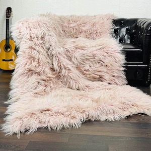 Real Baby Pink Sheepskin Mongolian Throw Blanket - Luxurious Fur Blanket for Home Decor