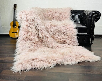 Real Baby Pink Sheepskin Mongolian Throw Blanket - Luxurious Fur Blanket for Home Decor