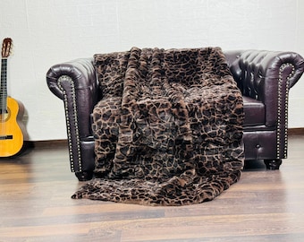 Luxurious Real Rex RABBIT Fur Blanket Throw Brown Leopard Print - Personalized Handcrafted Warm for Home - Organically Farmed Rabbit Fur