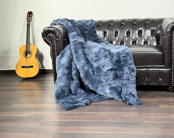 Luxurious DOUBLE SIDED Real Rex Rabbit Fur Blanket Throw Blue - Handcrafted Soft Warmth for Cozy Nights